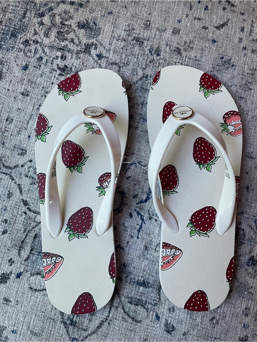 Coach White Flip Flop Sandals with Red Strawberry Print